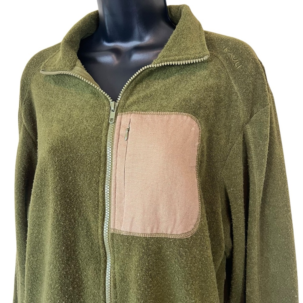 Kavu Green/Tan Men's Terry Fleece Jacket Zip Pocket Elbow Patches - Picture 2 of 10